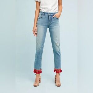 Anthropologie Pilcro and the Letterpress Slim Boyfriend Red Tassel Cropped Jeans